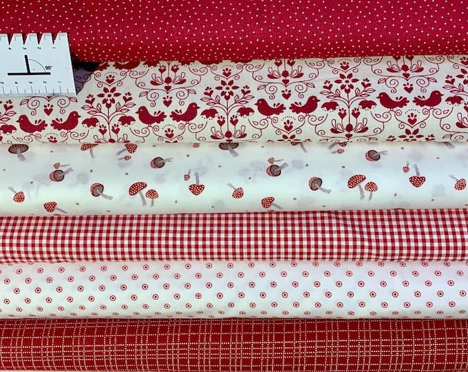 Fabric package cotton red-white-beige, cotton fabric mushrooms, cotton fabric dots, fabric birds, fabric flowers, fabric floral, fabric checked