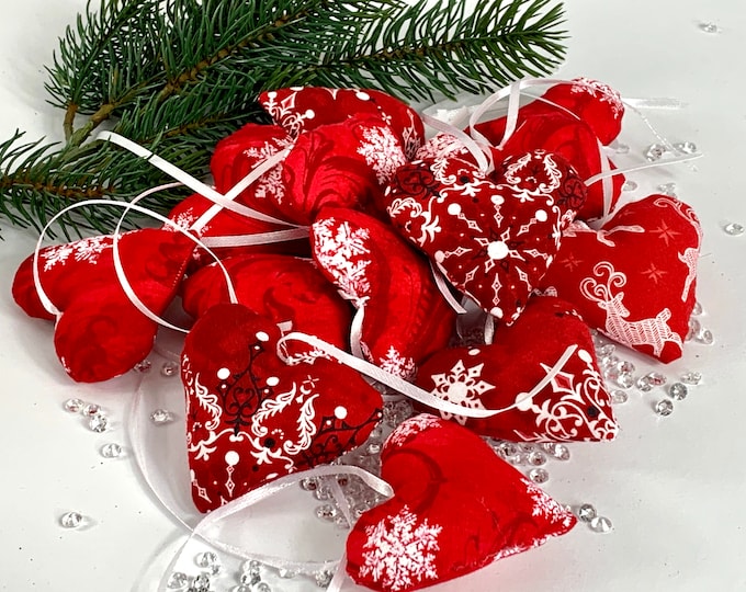 Hearts fabric hearts red - white Christmas tree decorations made of fabric, decorative hearts, hearts, window decorations, fabric pendants hearts, Christmas decorations traditional