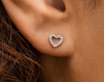Diamond Open Heart Stud Earring: 14k Gold Single Earring
