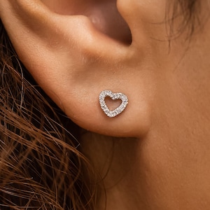 Diamond Open Heart Earring, Single (Half Pair) Stud, 14k or 18k Yellow Rose White Solid Gold, Social Value Jewelry