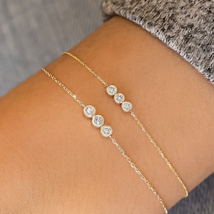 Diamond Bracelet, Trio Bezel Set Adjustable Drawstring Chain, 14k White, Yellow, Rose Solid Gold, Social Value