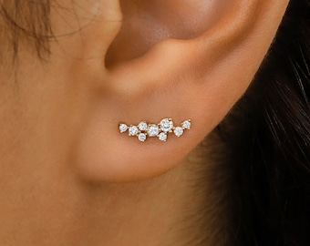 Single (Half Pair) 14K or 18k Gold Genuine Diamond Cluster Spray Ear Climber Crawler Earring Stud 1/2" Length