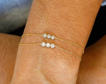 14k Solid Gold Genuine Natural Diamond Trio Bezel Set Stacking Chain Bracelet w/ Adjustable Drawstring Chain for Women White Yellow Rose