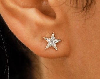 Single (Half Pair) Earring 18k Solid Gold Natural Diamond Pavé Star Stud