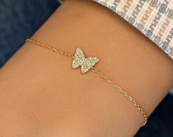 Diamond Pavé Butterfly Bracelet, Adjustable Drawstring Chain, 14k Yellow, White, Rose Solid Gold, Social Value Fine Jewelry