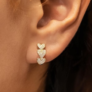 Cluster Heart Trio Diamond Earrings, Natural Round Diamonds, Minimal Dainty Jewelry, 14k Solid Gold, Yellow, White, or Rose, Social Value