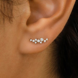 Single (Half Pair) 14K or 18k Gold Genuine Diamond Cluster Spray Ear Climber Crawler Earring Stud 1/2" Length