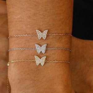 18K Solid Gold Natural Diamond Butterfly Chain Adjustable Bracelet | Minimalist Dainty Stacking Diamond Bracelet White Yellow Rose Gold