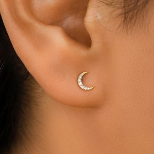 Diamond Earrings, Pavé Moon Crescent Stud, Single (Half Pair), 14k Solid Yellow Rose White Gold, Social Value