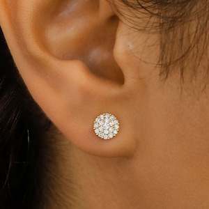 Pendientes de diamantes naturales, racimo redondo, oro macizo de 14k, joyería fina de Social Value.