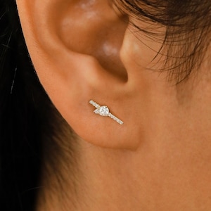 Single (Half Pair) Diamond Stud, with Tear Drop in the Center Earring,14k Solid Gold Natural