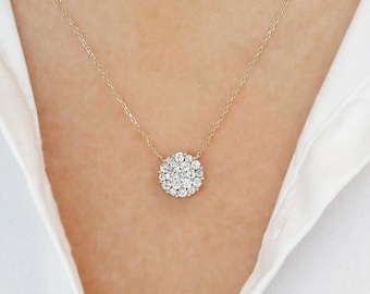 14k Solid Gold Natural Diamond Round Cluster Solitaire Necklace with Drawstring Adjustable Chain