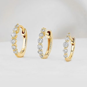 Single (Half Pair) 14K Solid Gold Diamond Earring, Round Graduated Huggie Hoop, Rose White Yellow Gold, Social Value