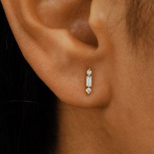 Diamond Earring, Single (Half Pair), Baguette and Round Bar Stud Climber Crawler, 14k or 18k Yellow, White, Rose Solid Gold
