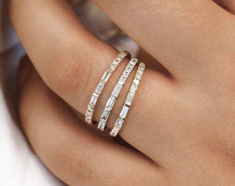 14k Gold Diamond Ring: Triple Baguette & Round Stackable Band