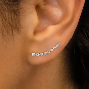 Single (Half Pair) 14k Solid Gold Natural Diamond Curved Crescent Bar Ear Climber Crawler Earring 3/4" Length