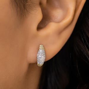 Diamond Cluster Pave Hoop Earrings, Natural Round Diamonds, Braided, Twisted, Minimalist Dainty Jewelry, 14k Solid Yellow Gold, Social Value