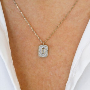 14K Diamond Baguette Dog Tag Necklace: Pavé Beaded Pendant