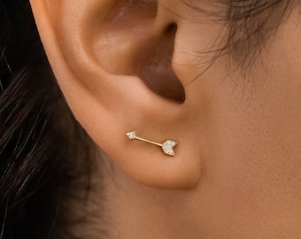 Single (Half Pair) Earring 14k Gold and Genuine Diamond Arrow Stud Earring or Climber | Diamond Minimalist Earring