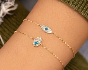 Diamond Bracelet, Hamsa Hand or Evil Eye, Turquoise Pavé, 18k Solid Rose White Yellow Gold, Adjustable Drawstring Chain, Social Value