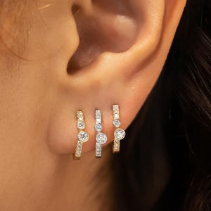 Single (Half Pair) Twin Diamond Huggie Earring, Natural Round Diamonds, Minimal Dainty Jewelry, 18k Solid Yellow or White Gold, Social Value