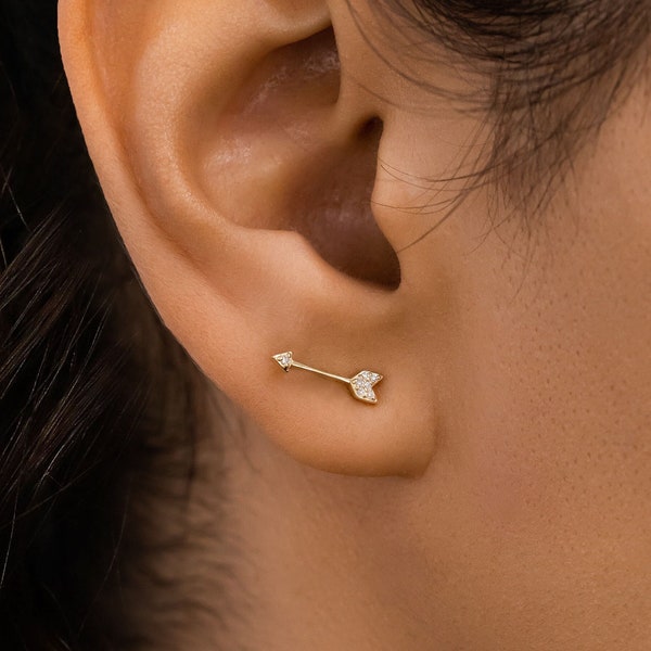 Single (Half Pair) Earring 14k Gold and Genuine Diamond Arrow Stud Earring or Climber | Diamond Minimalist Earring