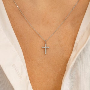Small Diamond Cross Pendant, Adjustable Drawstring Chain Necklace, 14k Yellow, White, Rose Solid Gold, Social Value