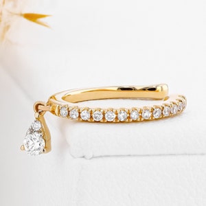 Single (Half Pair) Diamond Earring, Non-Pierce Cuff, Dangle Illusion Tear Drop, 14k Solid Yellow White Rose Gold, Social Value