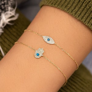 Diamond Bracelet, Hamsa Hand or Evil Eye, Turquoise Pavé, 18k Solid Rose White Yellow Gold, Adjustable Drawstring Chain, Social Value