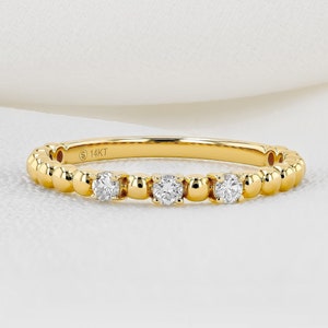 Diamond Ring, 3 Stone Beaded Stackable Band, 14k Yellow, Rose, White Solid Gold, Social Value Jewelry