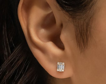 Boucles d'oreilles en diamant, clous d'oreilles taille baguette et cube rond en forme de coussin, or massif 14 carats blanc, jaune, rose, haute joaillerie à valeur sociale