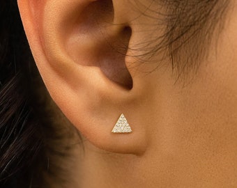 Single (Half Pair) 14k Earring Gold + Genuine Diamond Flat Micro Pave Triangle Stud w/ High Quality Diamonds in White, Yellow or Rose Gold