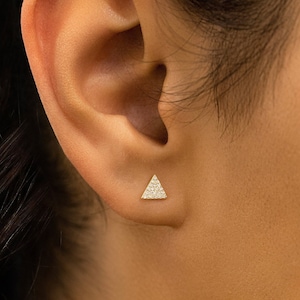 14k Gold Diamond Triangle Stud Earring: Micro Pave Single Earring