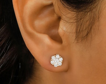 Diamond Earrings, Cluster Flower Studs, 14k Yellow White Rose Solid Gold, Social Value Jewelry