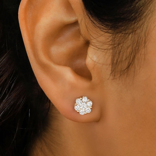 Diamond Earrings, Cluster Flower Studs, 14k Yellow White Rose Solid Gold, Social Value Jewelry