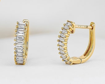 Diamond Hoop Earring,Baguette Huggie hoop, 18k Yellow, Rose, White Solid Gold,  Single (Half Pair) ,Social Value Jewelry