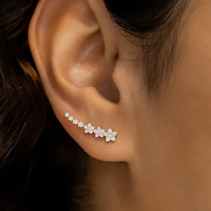 Enkel (half paar), diamanten oorbel, gebogen gegradueerde bloemencluster, 18 kt geel, wit, massief roségoud, maatschappelijke waarde fijne sieraden