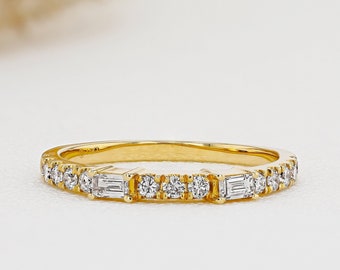 CLEARANCE! 14k Solid Gold Natural Diamond Baguette and Round Stackable Ring or Wedding Band