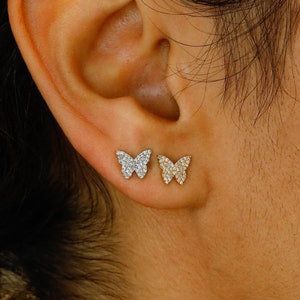Pair of 14k or 18k Solid Gold Genuine Natural Diamond Pave Butterfly Stud Earrings