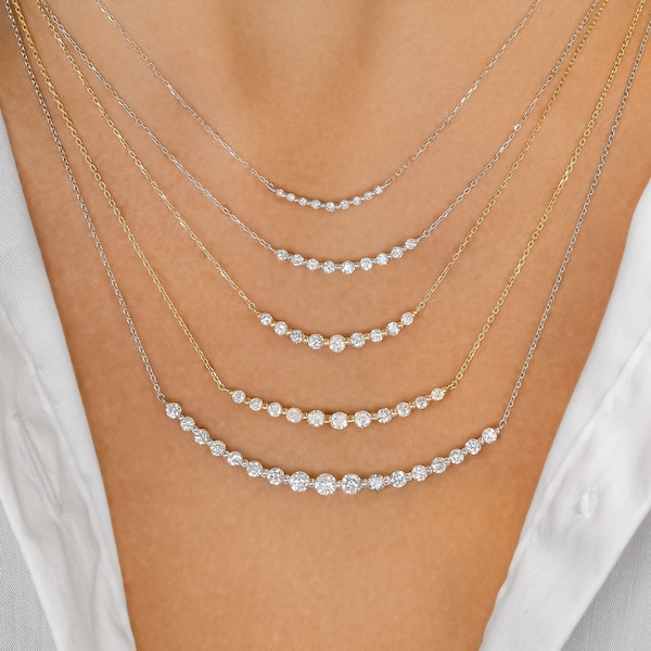 Diamond Graduated Bar Necklace, Round shaped diamonds, 18k Solid yellow, white and rose Gold, with Adjustable Chain, Social Value jewelry