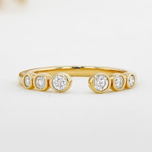 14k Gold and Genuine Diamond Open Bezel Set Ring with High Quality Graduated Size Diamonds for Women