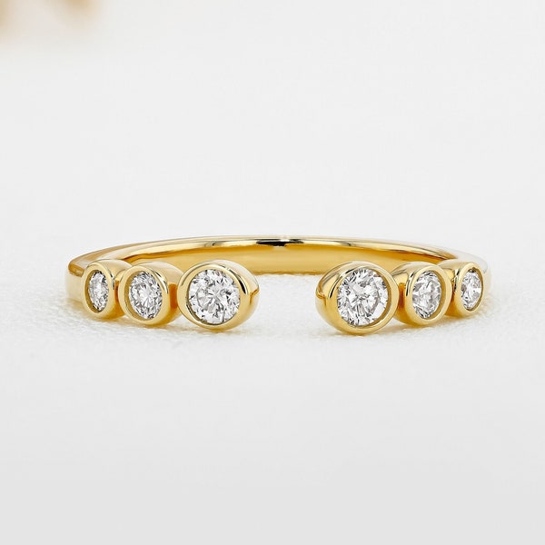 14k Gold and Genuine Diamond Open Bezel Set Ring with High Quality Graduated Size Diamonds for Women