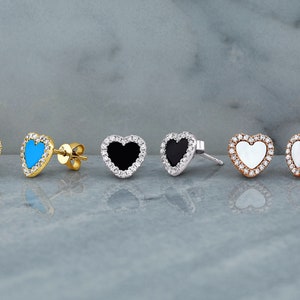 Pair of 14k Gold Genuine Diamond Turquoise Black Onyx White Agate Heart Shaped Stud Earrings for Women or Girls White Yellow Rose