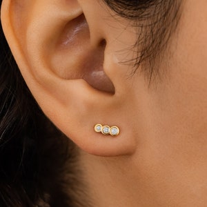 Diamond Trio Studs, Single (Half Pair), Bezel Set Ear Climber Crawler, 14k White, Yellow, Rose Solid Gold, Social Value Fine Jewelry