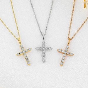 Small Diamond Cross Pendant, Adjustable Drawstring Chain Necklace, 14k Yellow, White, Rose Solid Gold, Social Value