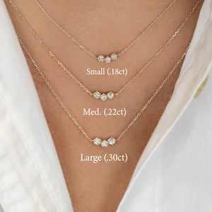 Diamond Necklace, Three Stone Trio Cluster, Adjustable Drawstring Chain, Natural Diamonds, 14k Solid Gold, Yellow, White, Rose, Social Value