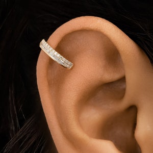 Single (Half Pair) Diamond Ear Cuff, Baguette and Round Diamonds, 14k Solid Gold, Non-Pierce Earring, Social Value Fine Jewelry