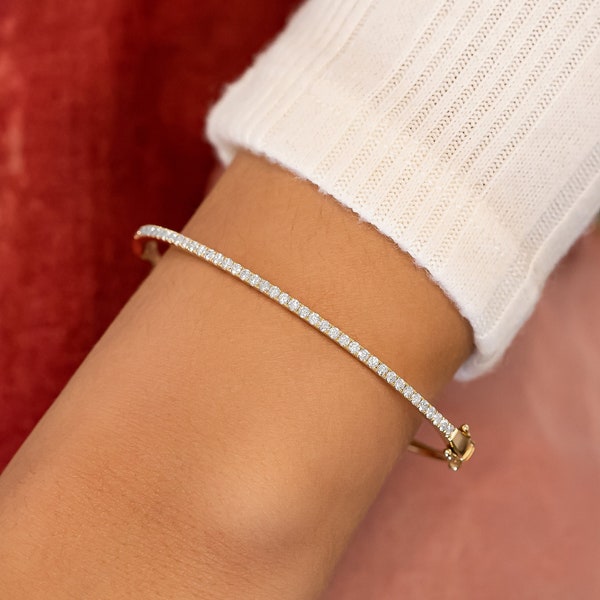 Diamond Bracelet, Hinged Bangle with Simple Line of Diamonds, 14k Yellow White Rose Solid Gold, Social Value Jewelry