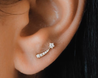 Single (Half Pair) Genuine Diamond Shooting Star Stud, Graduated Earring, White Yellow Rose 14K Gold, Social Value jewelry
