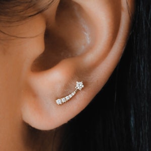 Single (Half Pair) Genuine Diamond Shooting Star Stud, Graduated Earring, White Yellow Rose 14K Gold, Social Value jewelry